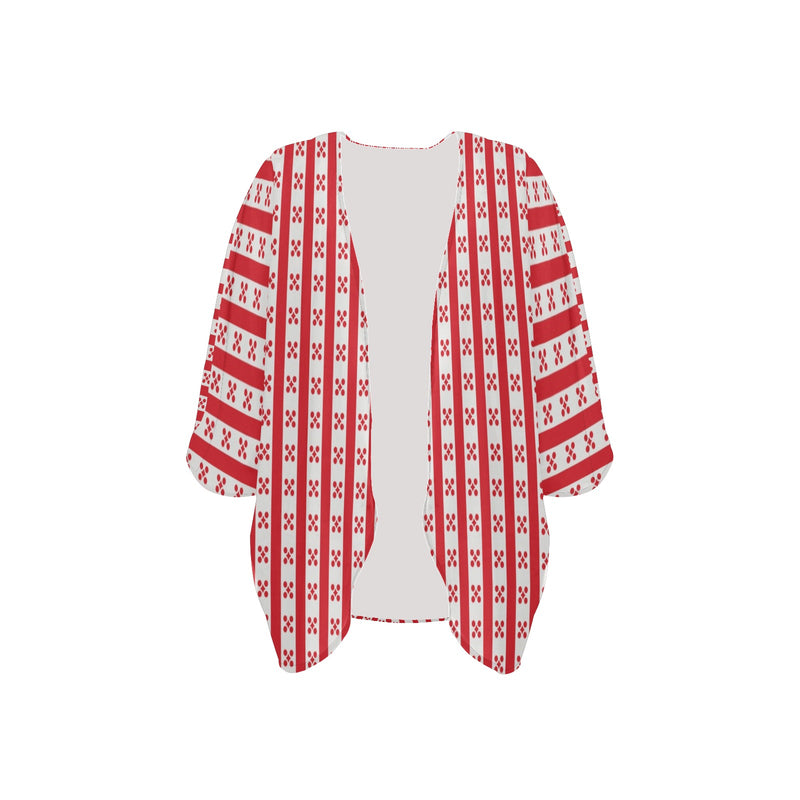 gingham red print Women's Kimono Chiffon Cover Up (Model H51) - Objet D'Art