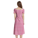 M Kemp Pink Plaid Puff Sleeve Split Thigh Midi Dress - Objet D'Art