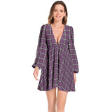 M Kemp Plaid Lantern Sleeve Deep V-Neck Short Dress - Objet D'Art