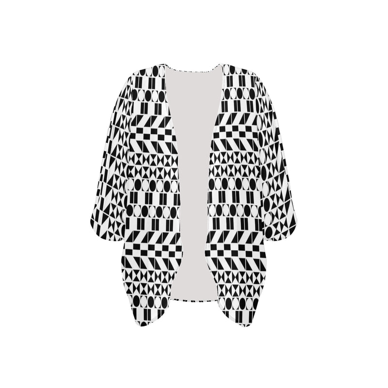bw print A2 geometry Women's Kimono Chiffon Cover Up (Model H51) - Objet D'Art