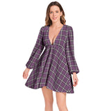 M Kemp Plaid Lantern Sleeve Deep V-Neck Short Dress - Objet D'Art