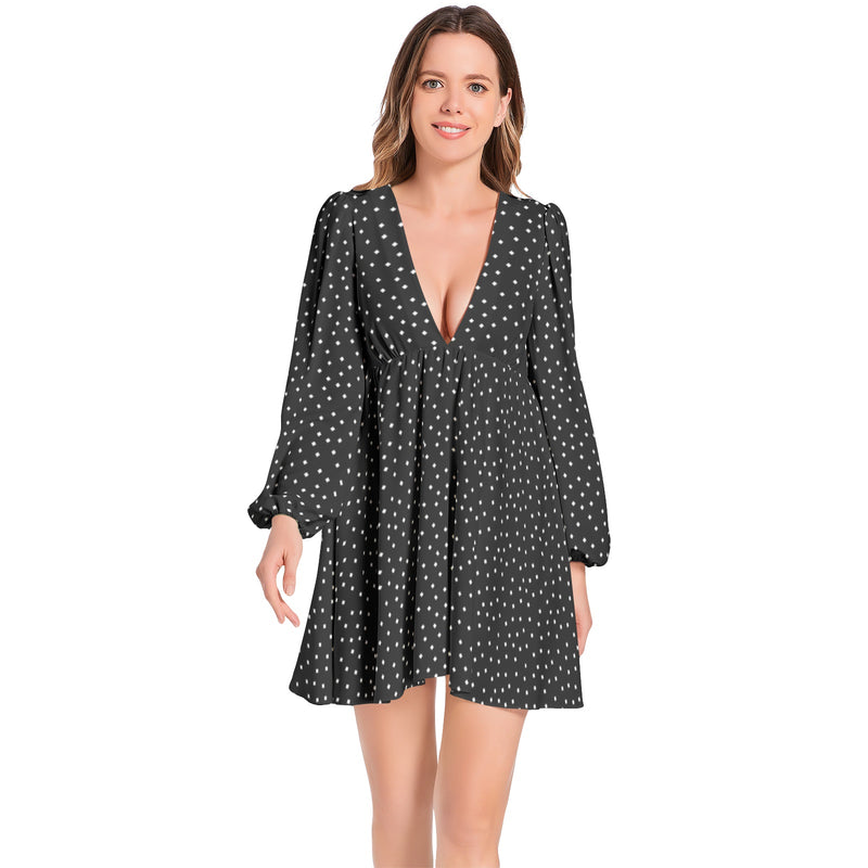 Polka Stars Lantern Sleeve Deep V-Neck Short Dress - Objet D'Art