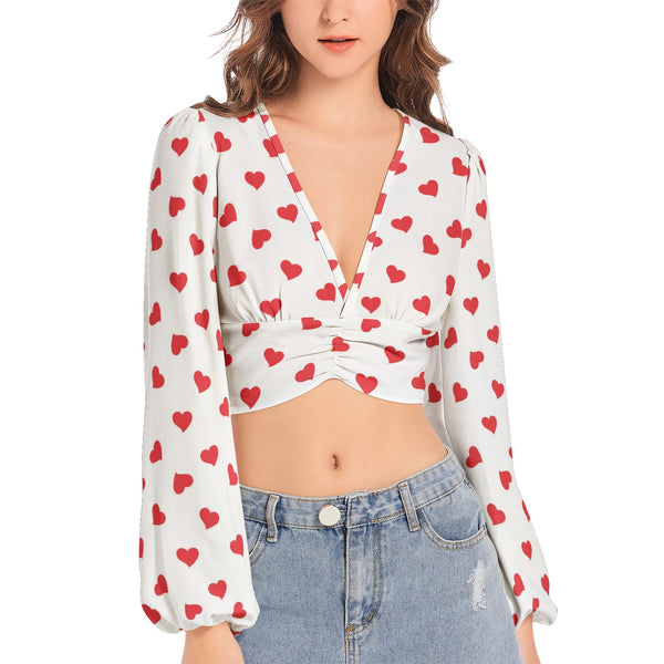 Women's Deep V-Neck Lantern Sleeve Crop Top - Objet D'Art