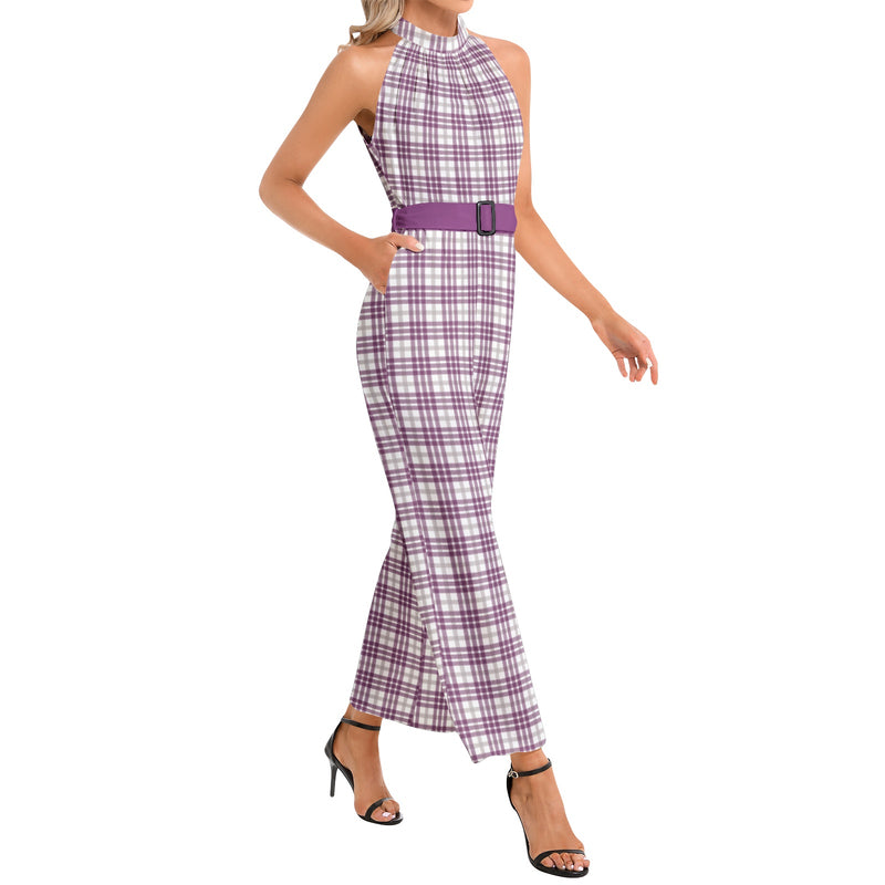 M Kemp Plaid Halter Neck Buckle Belted Jumpsuit - Objet D'Art