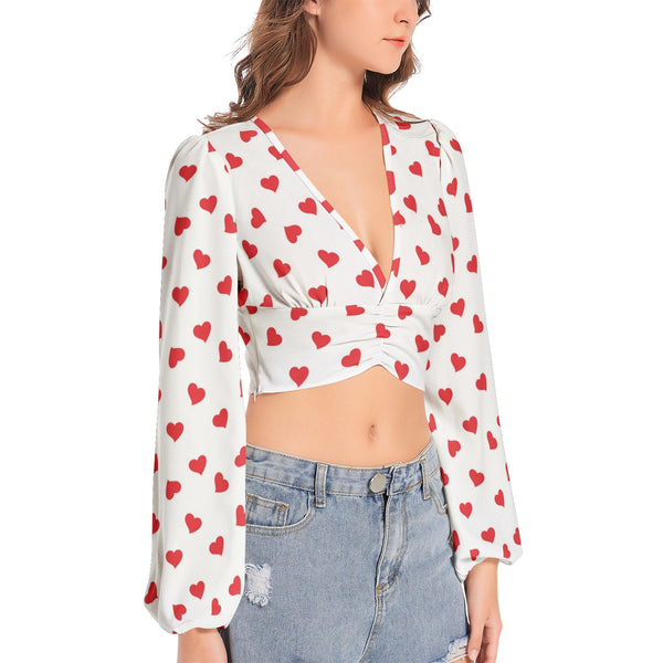 Women's Deep V-Neck Lantern Sleeve Crop Top - Objet D'Art