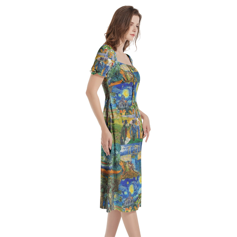 Puff Sleeve Split Thigh Midi Dress - Objet D'Art