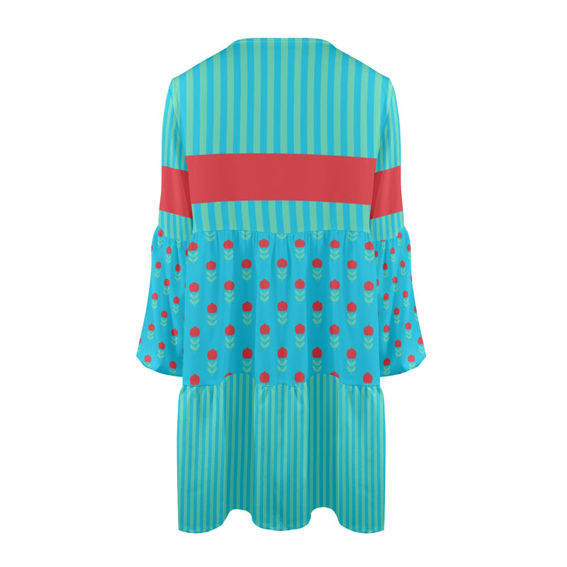 blue green striped print 2 V-Neck Loose Fit Dress (Model D66) - Objet D'Art