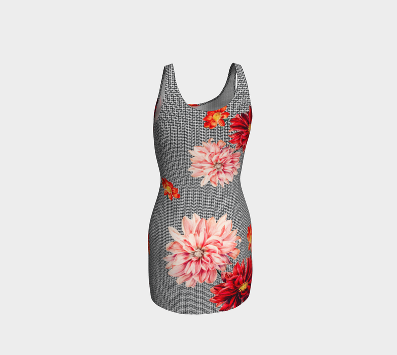 Greek Key Floral Bodycon Dress - Objet D'Art