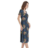 Dahlia Print Puff Sleeve Split Thigh Midi Dress - Objet D'Art