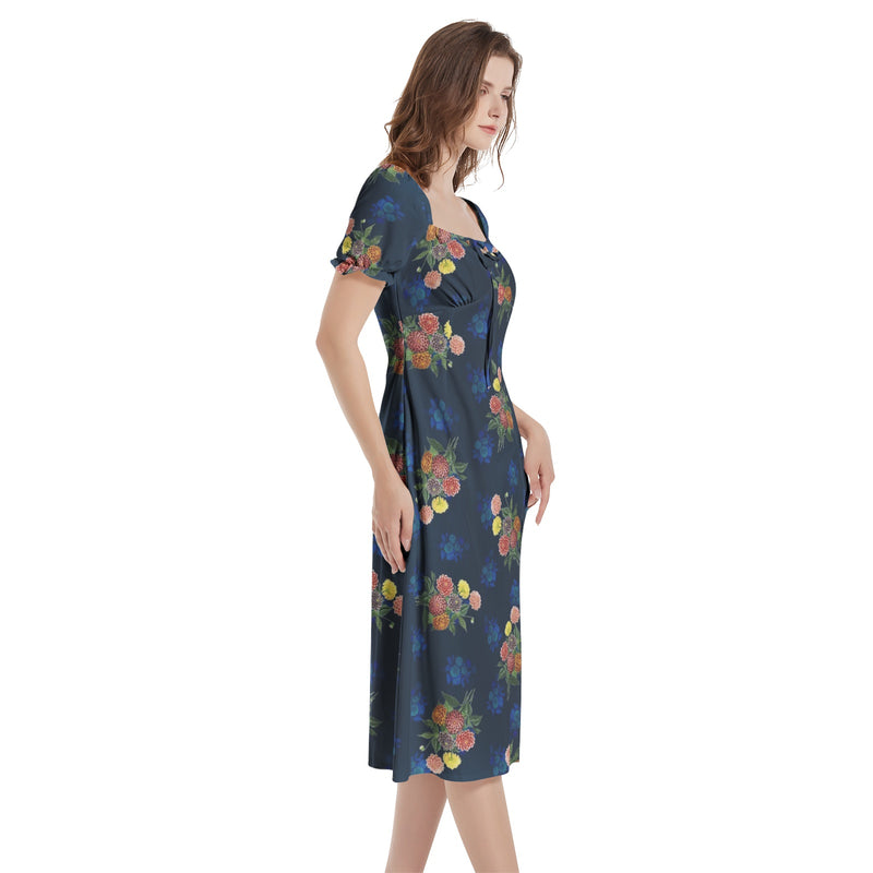 Dahlia Print Puff Sleeve Split Thigh Midi Dress - Objet D'Art