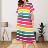 blue and white solid half Women's Button Front House Dress - Objet D'Art