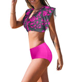 fuchsia print solid Women's Ruffle Sleeve Bikini Swimsuit (Model S42) - Objet D'Art