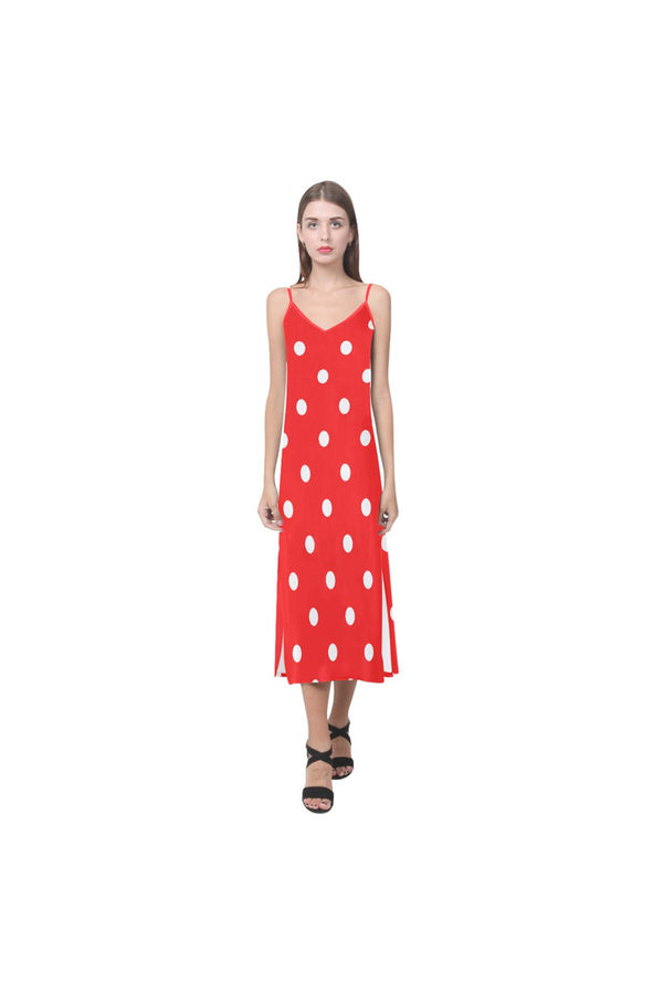 Red Polka Dot V-Neck Open Fork Long Dress - Objet D'Art