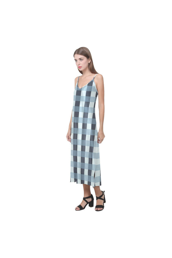 Tartan Turquoise V-Neck Open Fork Long Dress - Objet D'Art