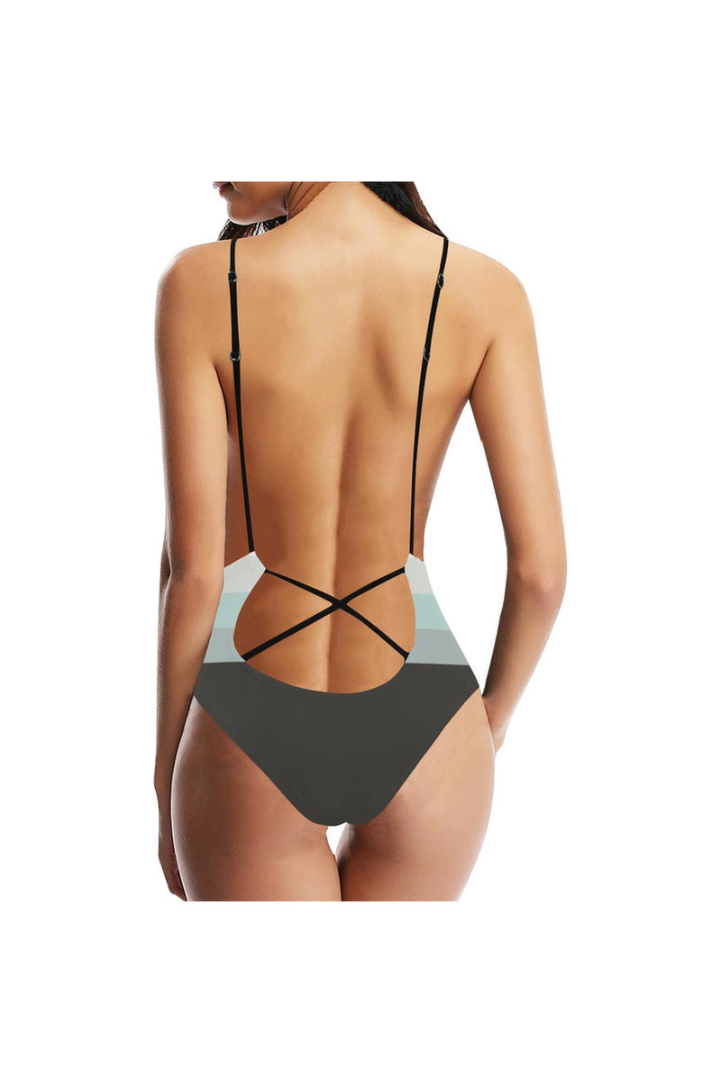 Three Band Gradient Sexy Lacing Backless One-Piece Swimsuit - Objet D'Art