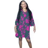 pink green greek key print Half Sleeves V-Neck Mini Dress (Model D63) - Objet D'Art