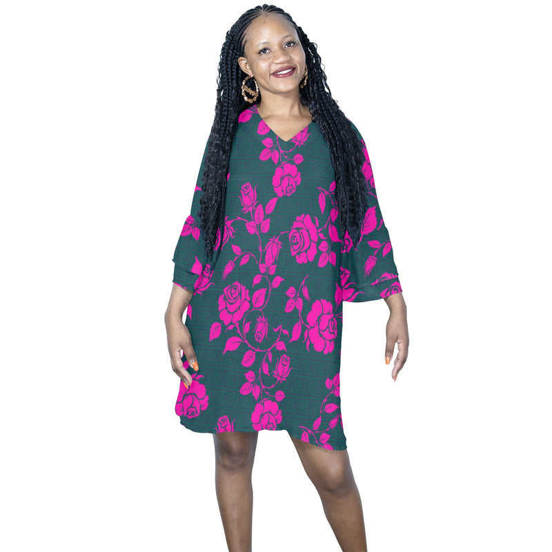 pink green greek key print Half Sleeves V-Neck Mini Dress (Model D63) - Objet D'Art