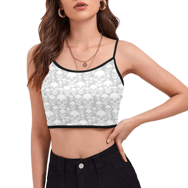 skull gray print Women's Spaghetti Strap Crop Top (Model T67) - Objet D'Art