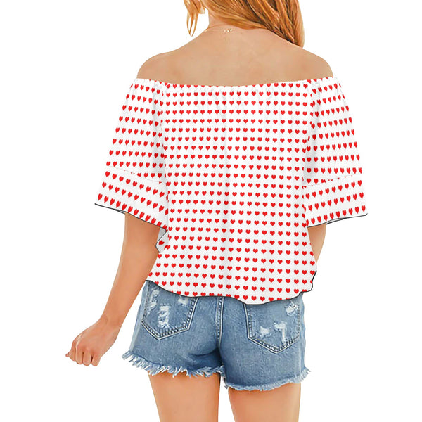 red hot hearts print Off Shoulder Knot Front Blouse (Model T71) - Objet D'Art