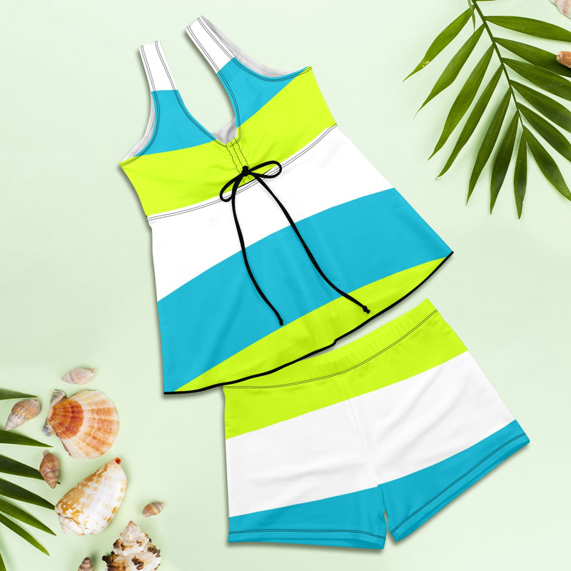 tricolor swimsuit print 4 Women's Vest Skirt Split Swimsuit (Model S47) - Objet D'Art