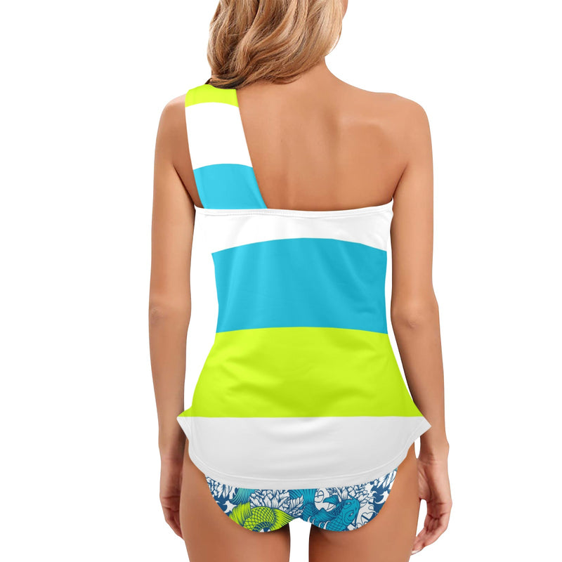 pisces neon green blue ombre print Women's One Shoulder Backless Swimsuit (Model S44) - Objet D'Art