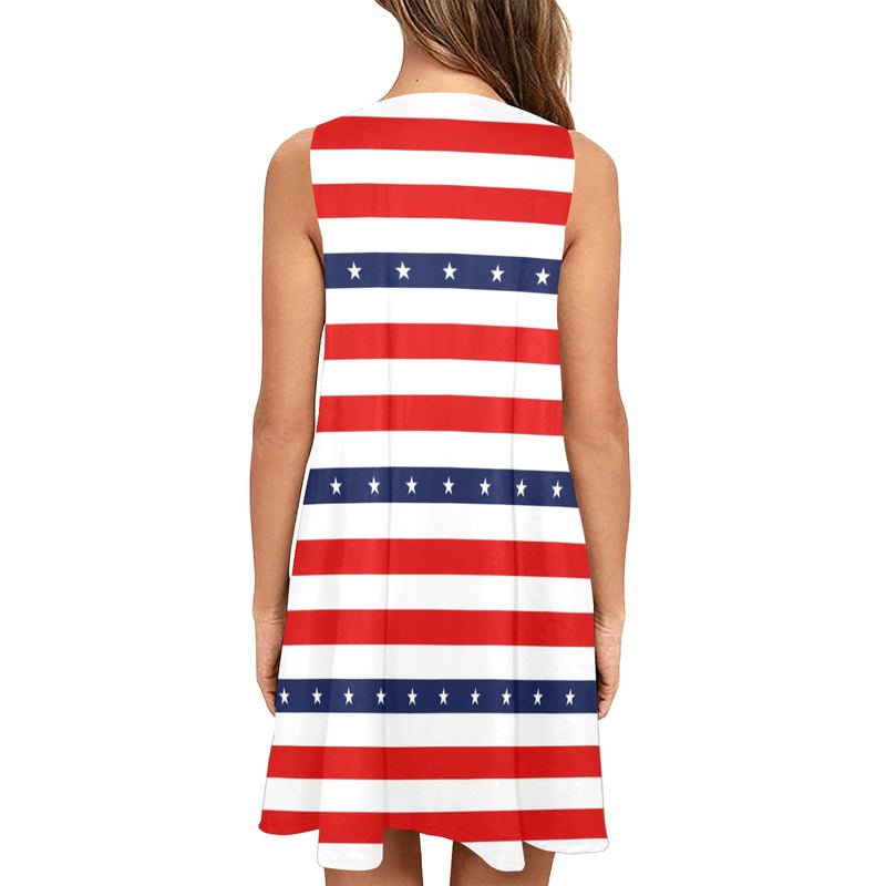 stars and stripes red white blue print 2 Sleeveless A-Line Pocket Dress (Model D57) - Objet D'Art
