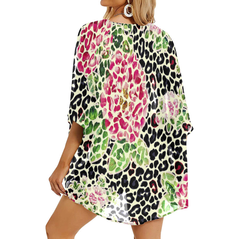 leopard rose print 2 Women's Kimono Chiffon Cover Up (Model H51) - Objet D'Art