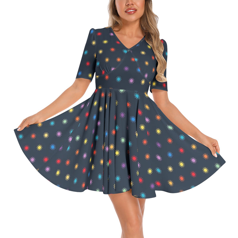 Suns of the Universe Short Sleeve Ruched Bust Flared Hem Dress - Objet D'Art