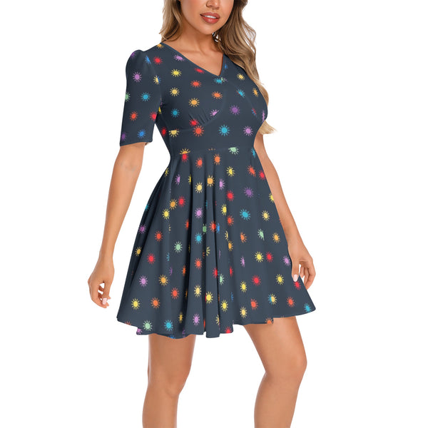 Suns of the Universe Short Sleeve Ruched Bust Flared Hem Dress - Objet D'Art