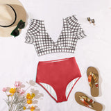 grid red gray print 2 Women's Ruffle Sleeve Bikini Swimsuit (Model S42) - Objet D'Art