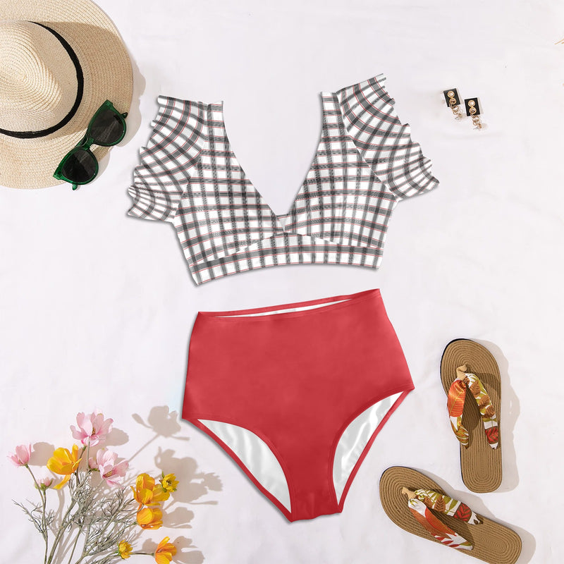 grid red gray print 2 Women's Ruffle Sleeve Bikini Swimsuit (Model S42) - Objet D'Art