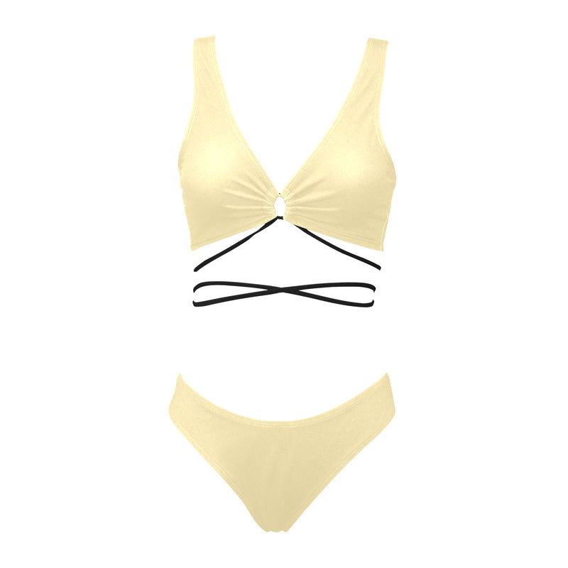 creme solid print 2 Cross String Bikini Set (Model S29) - Objet D'Art