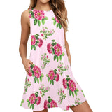 pink rose print 4 Sleeveless A-Line Pocket Dress (Model D57) - Objet D'Art