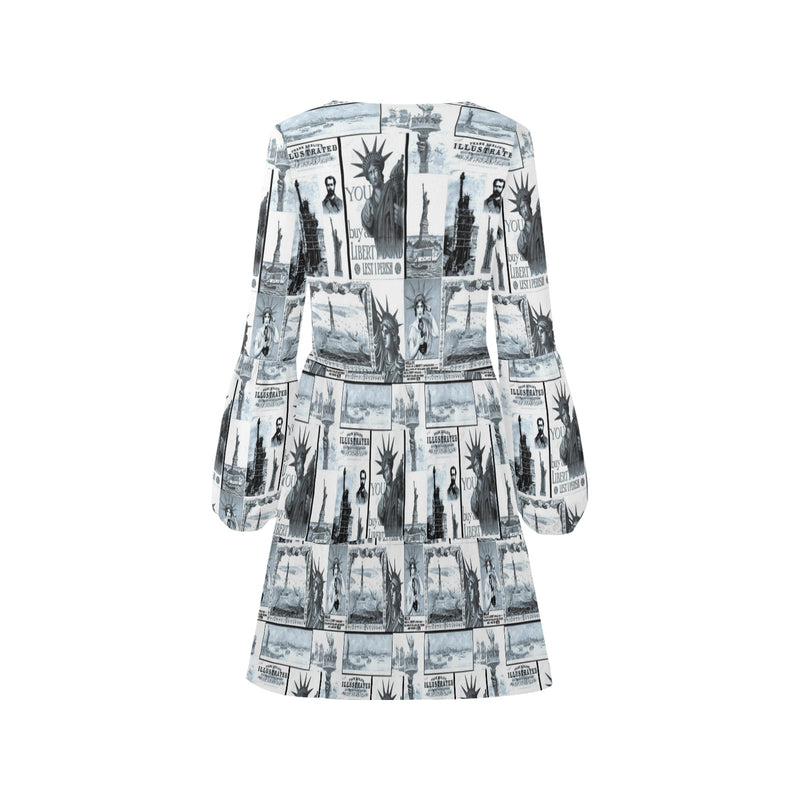 selenium lady liberty print 6 V-Neck Loose Fit Dress (Model D62) - Objet D'Art