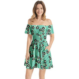 Mint Green Silhouette Garden Off Shoulder Shirred Waist Flared Mini Dress - Objet D'Art