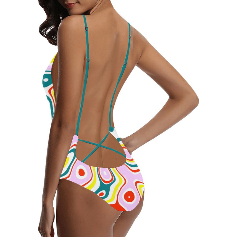 colored splat print 2 Sexy Lacing Backless One-Piece Swimsuit (Model S10) - Objet D'Art