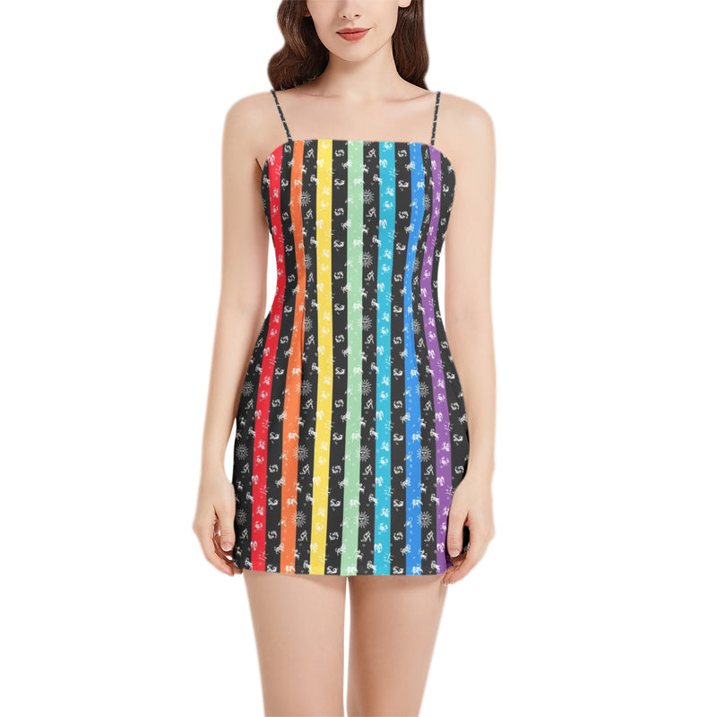 Zodiac Rainbow Sleeveless Square Neckline Spaghetti Strap Mini Dress - Objet D'Art