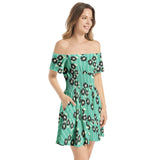 Mint Green Silhouette Garden Off Shoulder Shirred Waist Flared Mini Dress - Objet D'Art