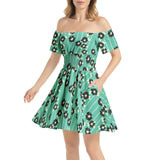 Mint Green Silhouette Garden Off Shoulder Shirred Waist Flared Mini Dress - Objet D'Art
