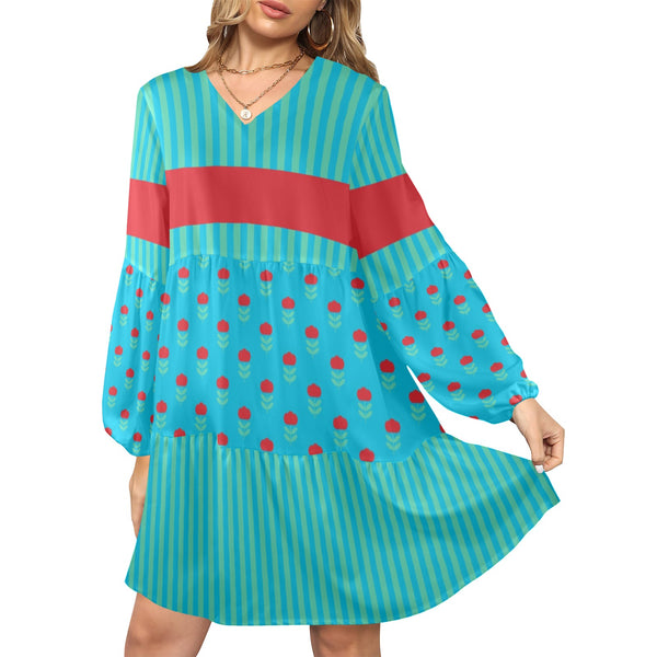 blue green striped print 2 V-Neck Loose Fit Dress (Model D66) - Objet D'Art