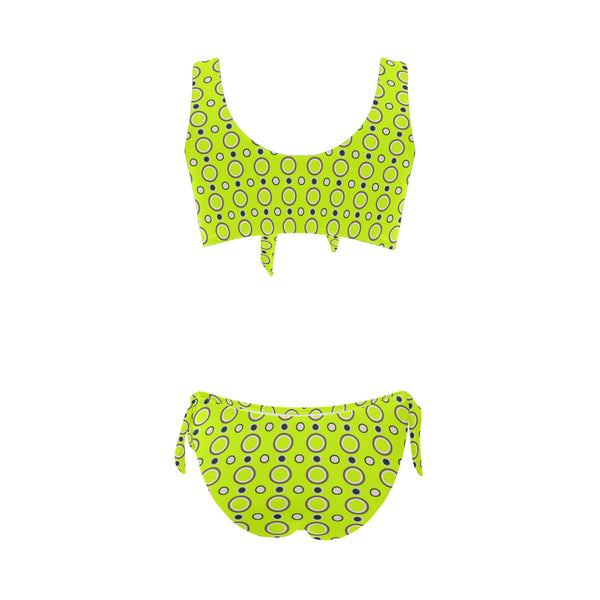 neon green polka dot unique print 2AB Bow Tie Front Bikini Swimsuit (Model S38) - Objet D'Art