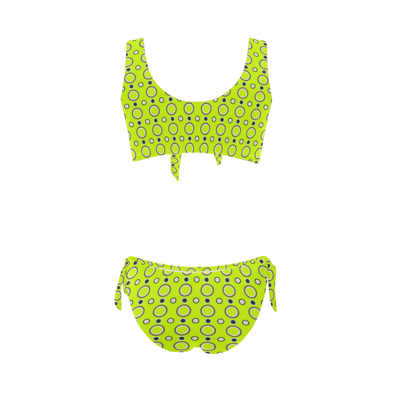 neon green polka dot unique print 2AB Bow Tie Front Bikini Swimsuit (Model S38) - Objet D'Art