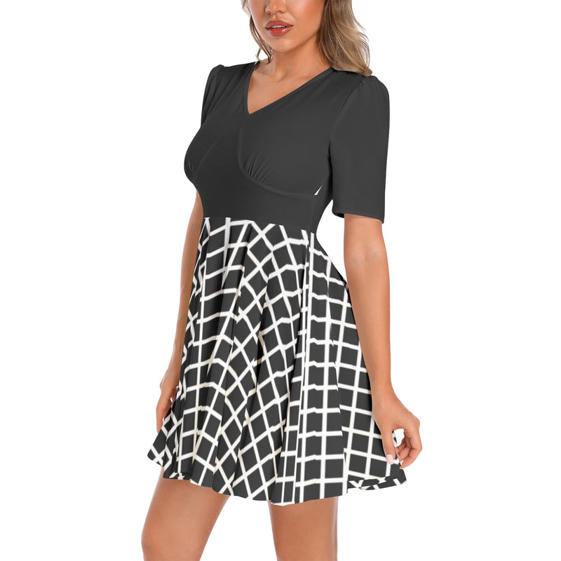 Short Sleeve Ruched Bust Flared Hem Dress - Objet D'Art