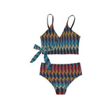 waves colored print 5 Knot Side Bikini Swimsuit (Model S37) - Objet D'Art
