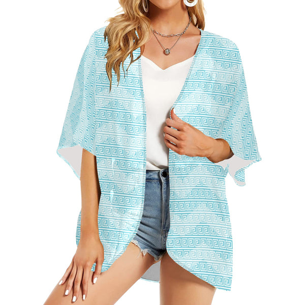 greek key chevron light blue print 2 Women's Kimono Chiffon Cover Up (Model H51) - Objet D'Art