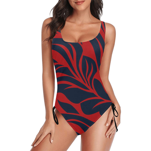 red blue leaf print 2 Drawstring Side One-Piece Swimsuit (Model S14) - Objet D'Art