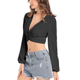 Black Women's Deep V-Neck Lantern Sleeve Crop Top - Objet D'Art