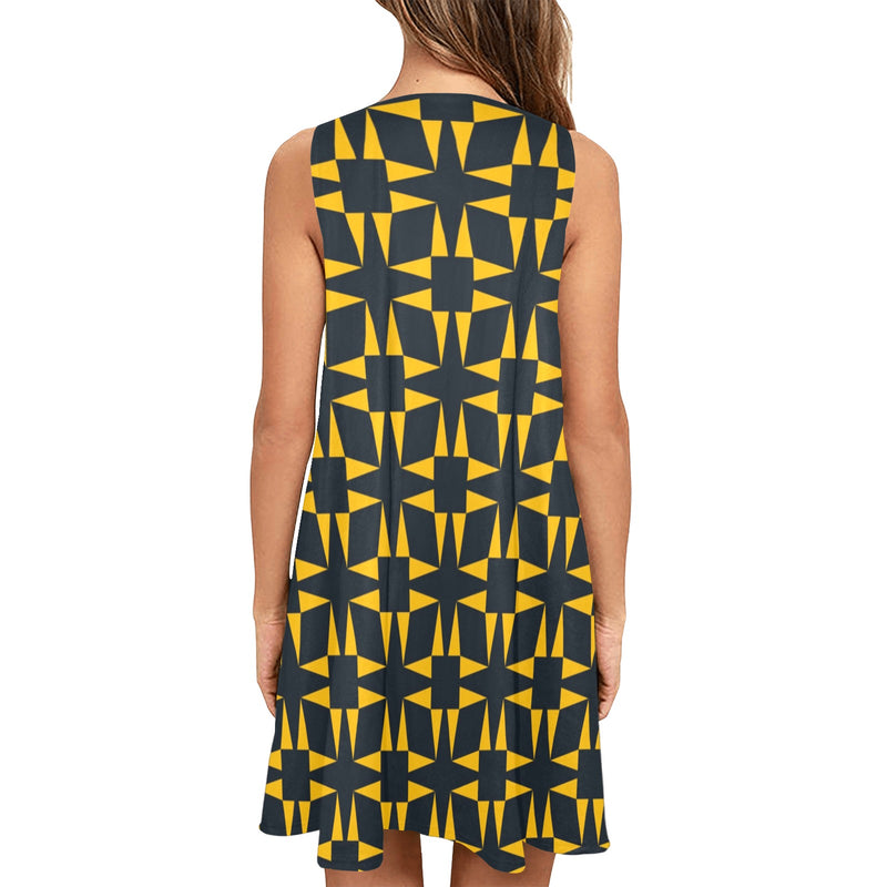 squ tri print Sleeveless A-Line Pocket Dress (Model D57) - Objet D'Art