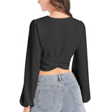 Black Women's Deep V-Neck Lantern Sleeve Crop Top - Objet D'Art