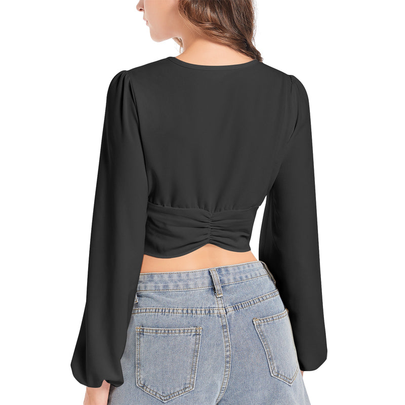 Black Women's Deep V-Neck Lantern Sleeve Crop Top - Objet D'Art